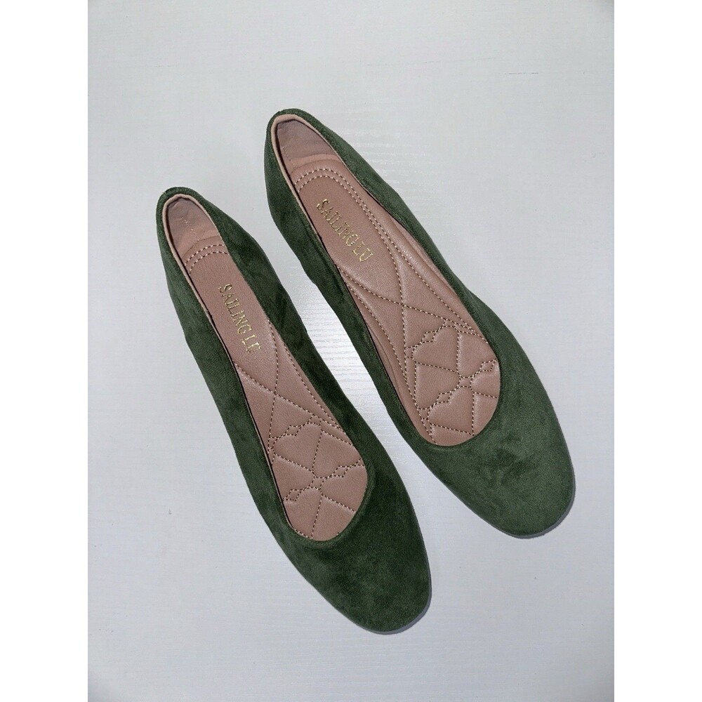 SALINGLU Green Quilted Square Toe Women's Synthetic Flats Slip On 8.5/9 New